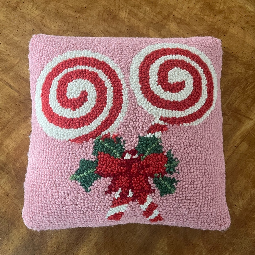 Christmas Pink Candy Wool Hooked Decorative Pillow